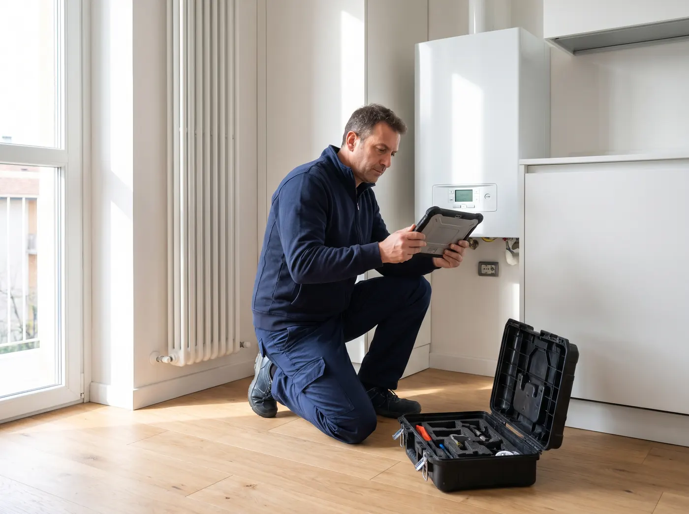 Technician in navy workwear checking a modern boiler with a tablet