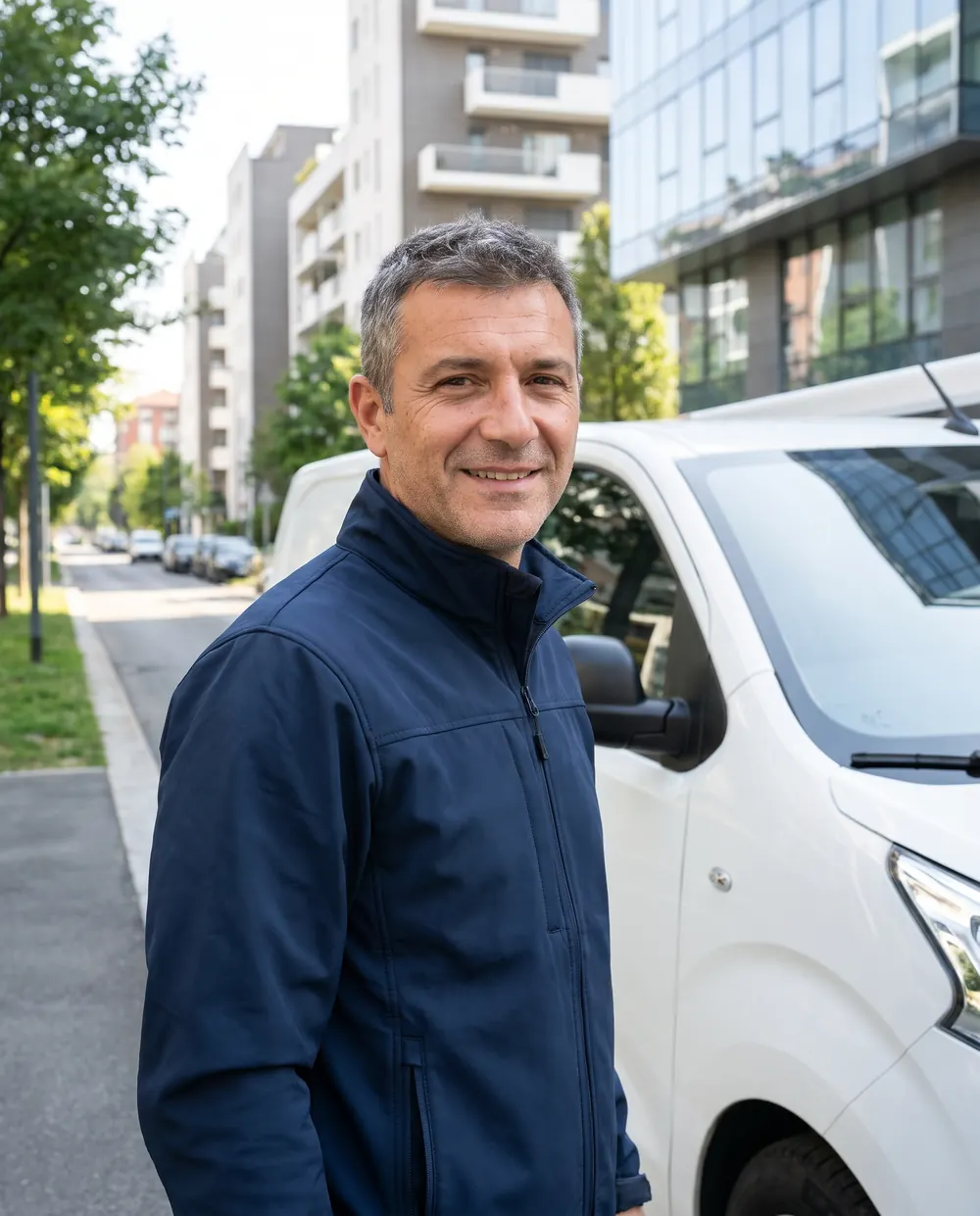 Marco Fontanelli smiling next to his white van