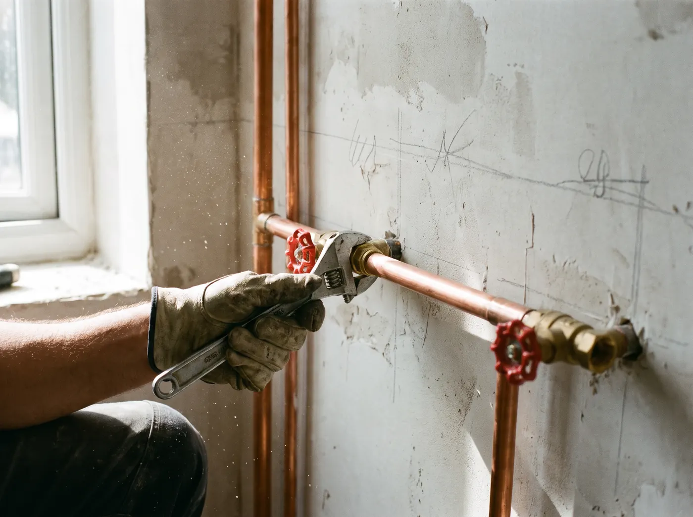 Gloved hand tightening a fitting on new copper pipes