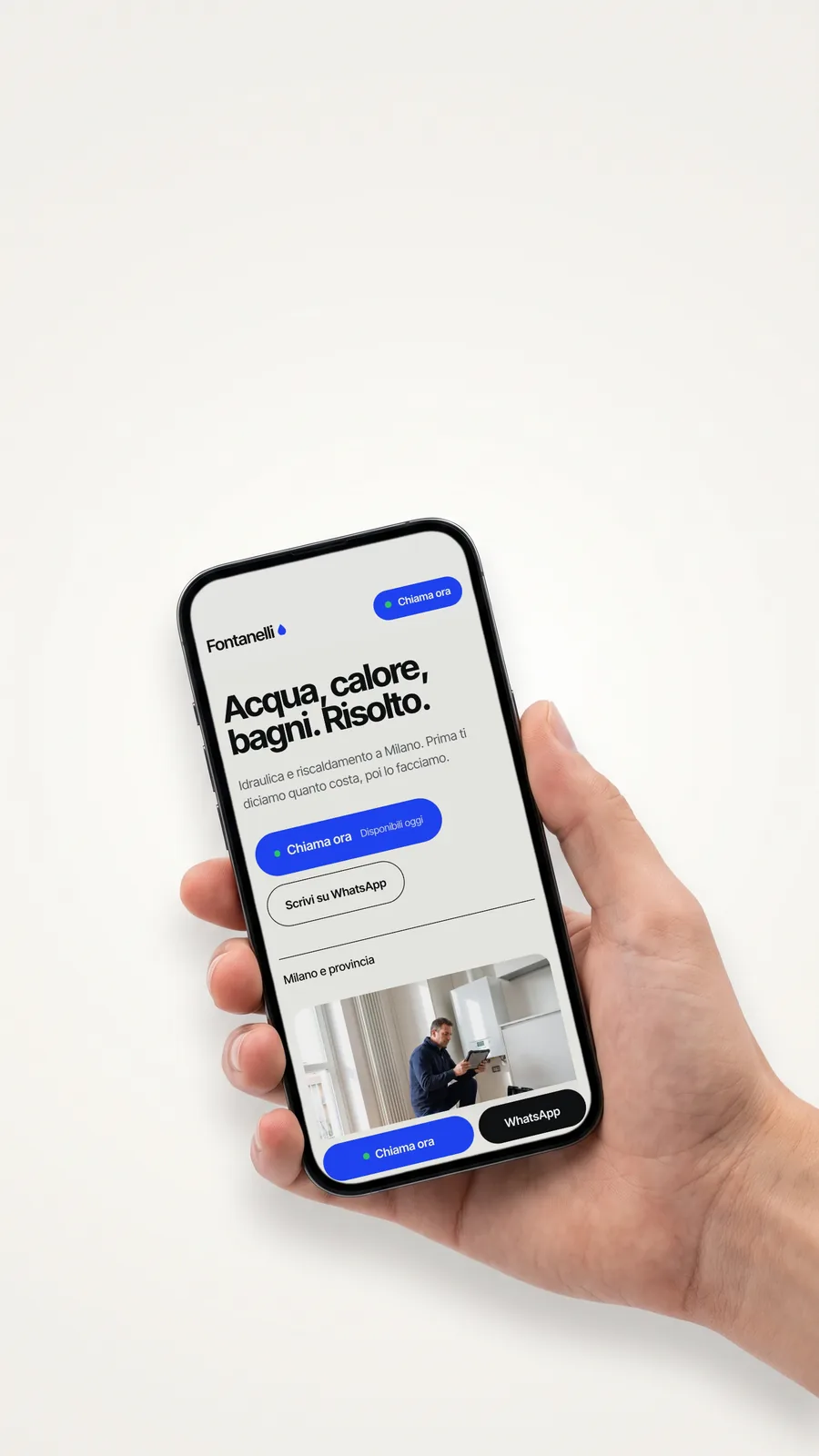 A hand holding a phone showing the Fontanelli website, one of the two example websites