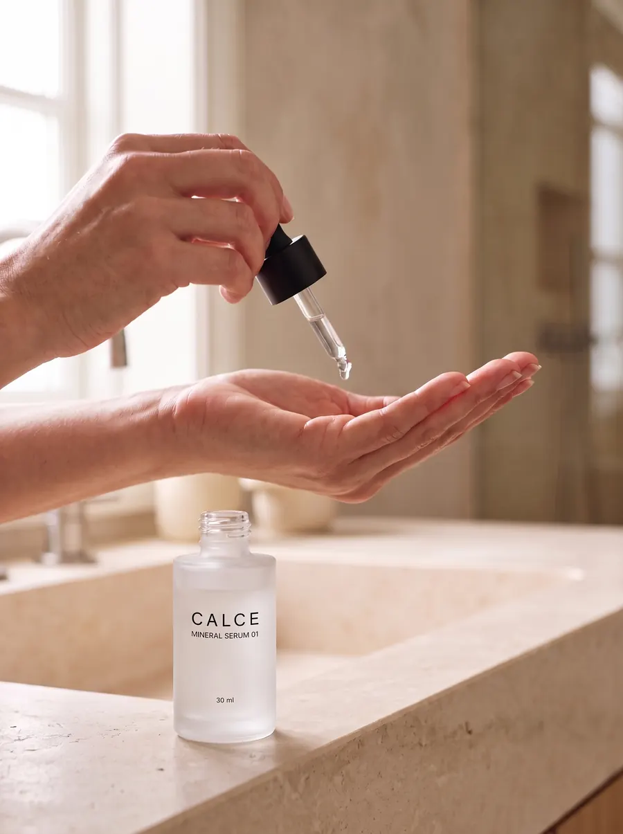 A hand letting a drop of CALCE serum fall into an open palm over a stone sink