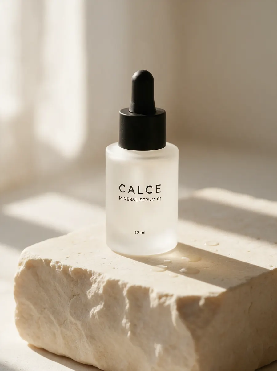 CALCE serum bottle on a limestone block in morning light