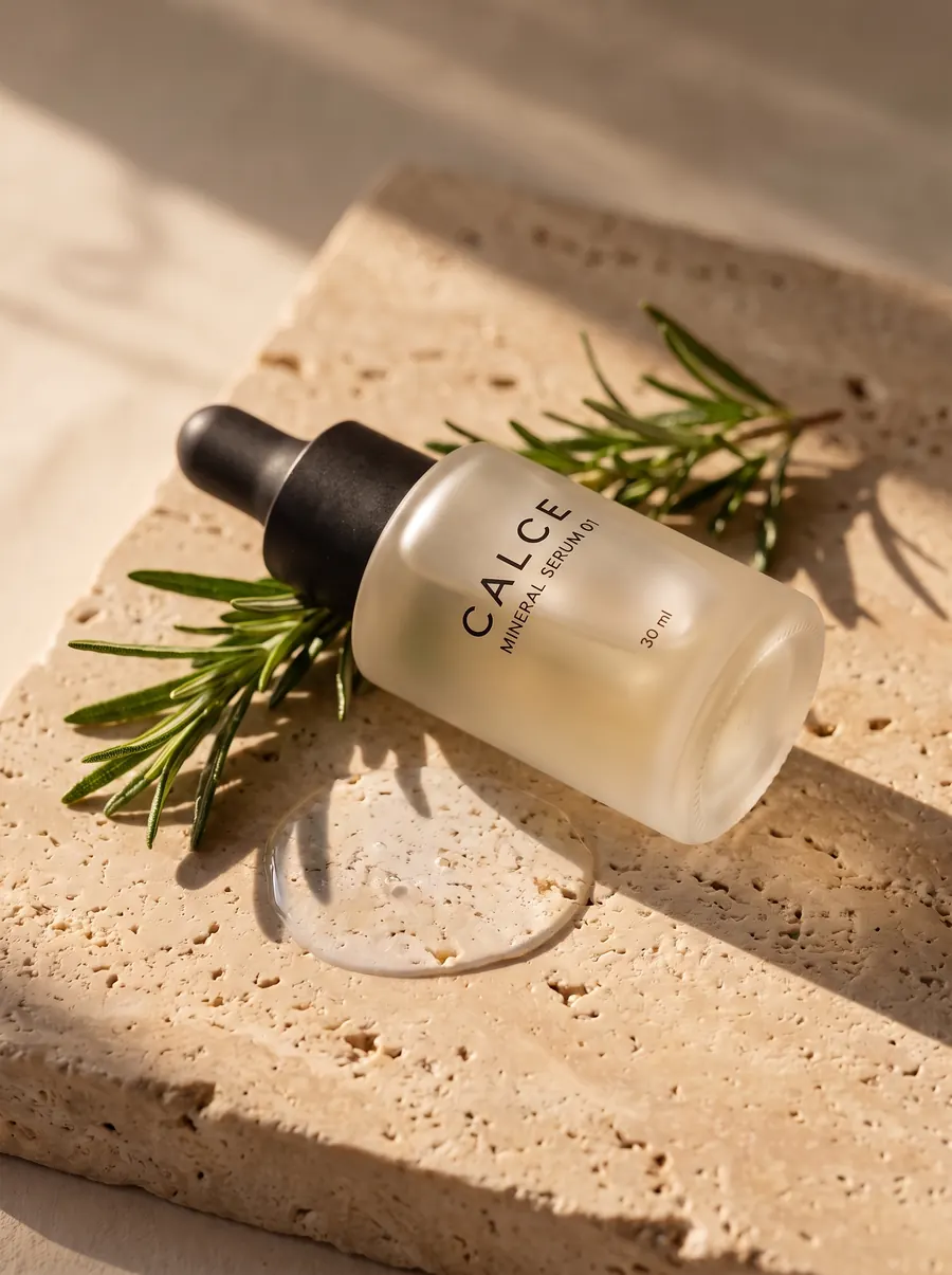 CALCE serum lying on travertine next to a sprig of rosemary