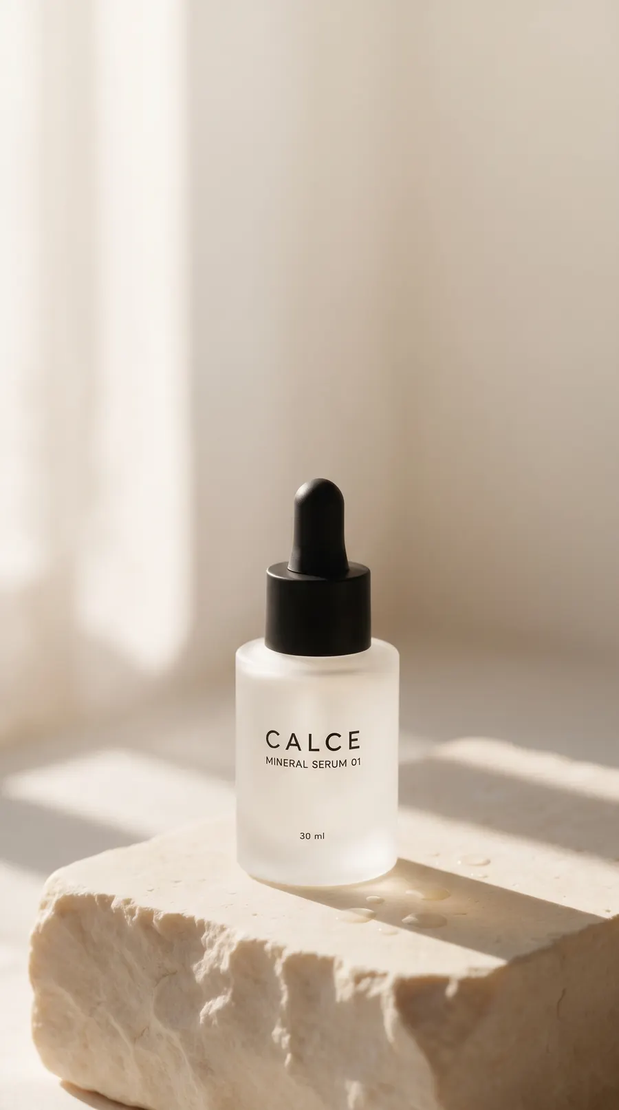 Vertical ad of the CALCE serum on a limestone block