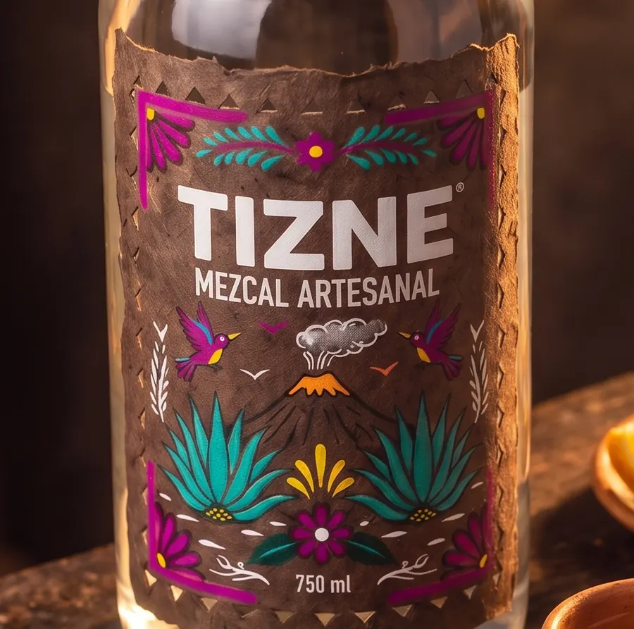 Close-up of the TIZNE mezcal label: agave, hummingbirds and a volcano on brown paper