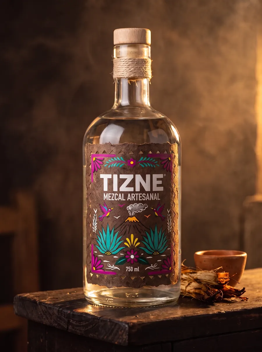 TIZNE mezcal bottle on a dark wooden table next to a clay cup