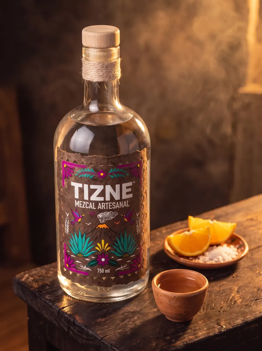TIZNE mezcal bottle at an angle with orange slices and salt