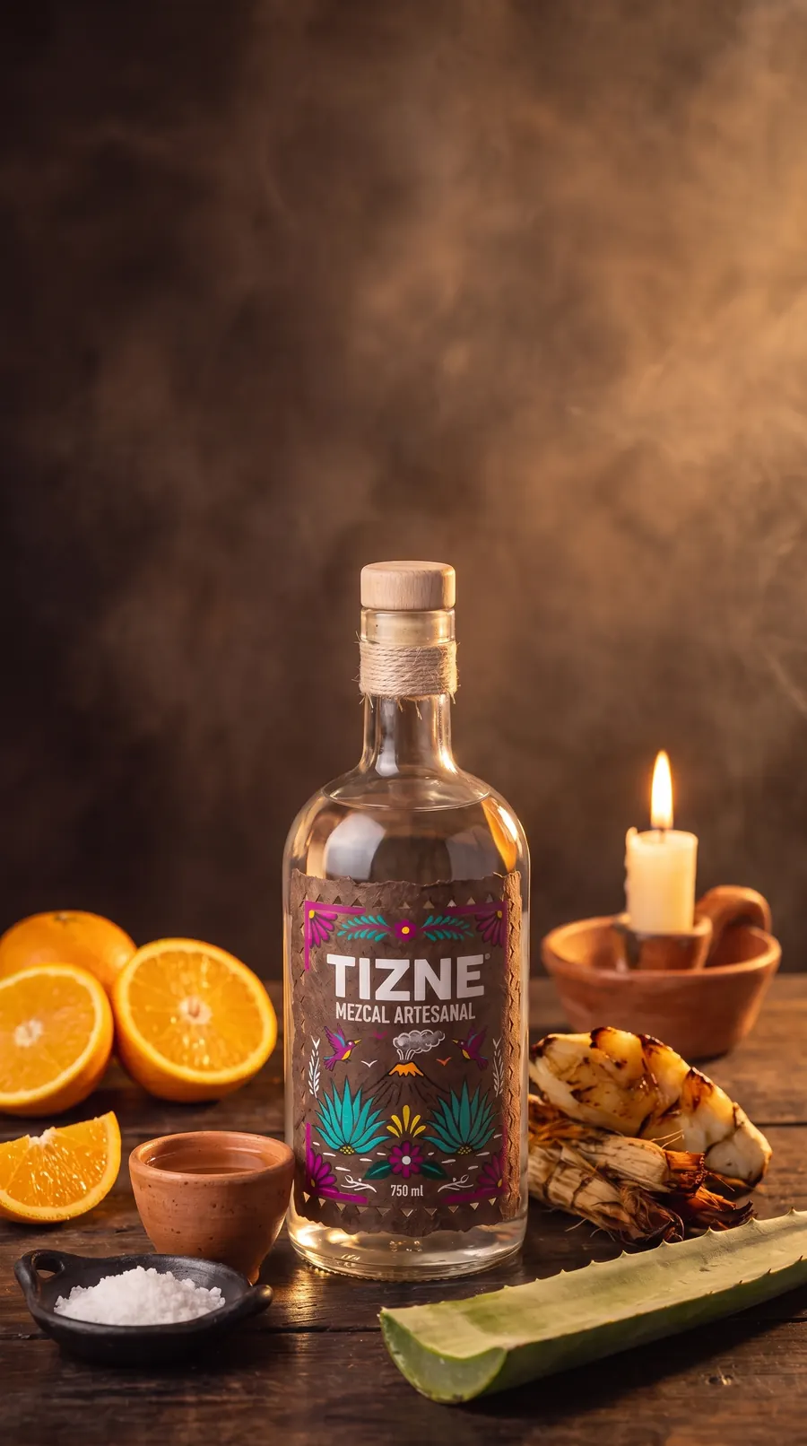 Vertical ad of TIZNE mezcal with oranges, salt and a lit candle